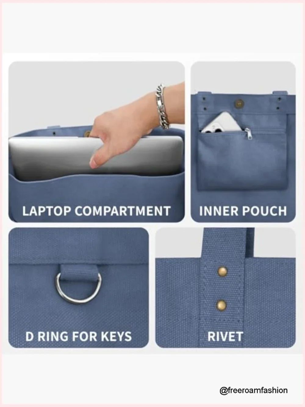 Large Canvas Tote Bag with Laptop Sleeve and Pockets